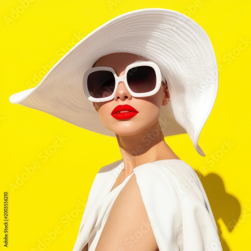 Model Poses in Big Hat and Sunglasses With Finger on Lips Against Bright Yell...