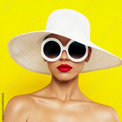 Woman Wearing Sunglasses and a Wide-Brimmed Hat in Front of a Yellow Background