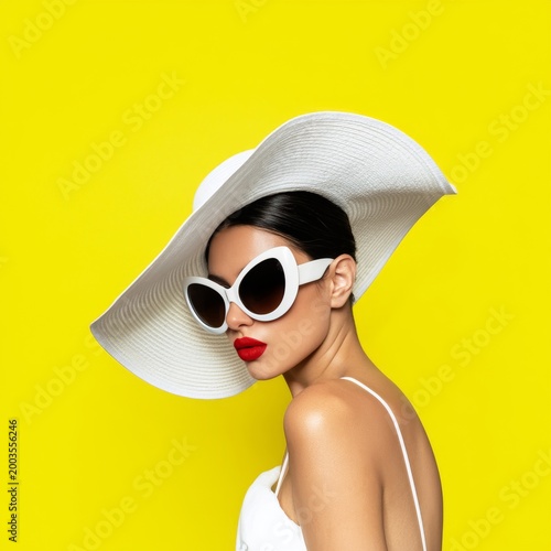 Woman Wearing Sunglasses and a Wide-Brimmed Hat in Front of a Yellow Background