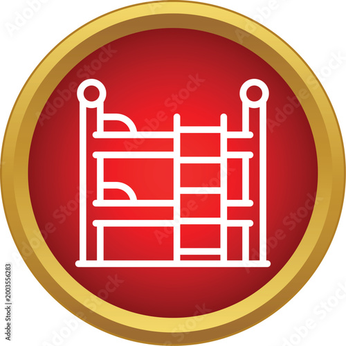 Hostel bunk beds with a ladder inside a red circle button with a gold frame
