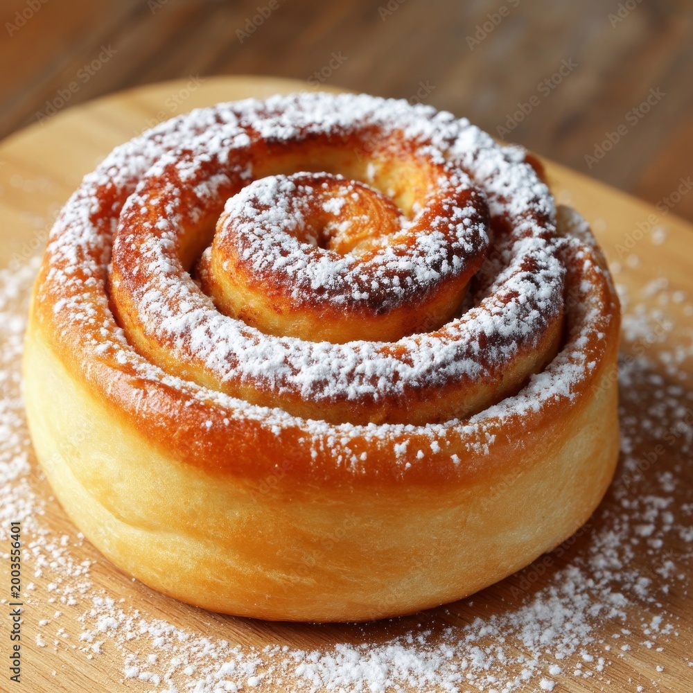 Fototapeta premium Freshly Baked Cinnamon Roll on Wooden Board With Powdered Sugar