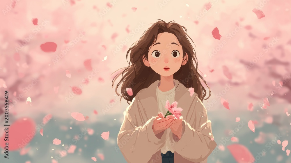 Fototapeta premium Spring season, garden, flower, fresh, life. A young girl in a white shirt and blue skirt holding a pink flower against a backdrop of pink cherry blossoms. The image is animated.