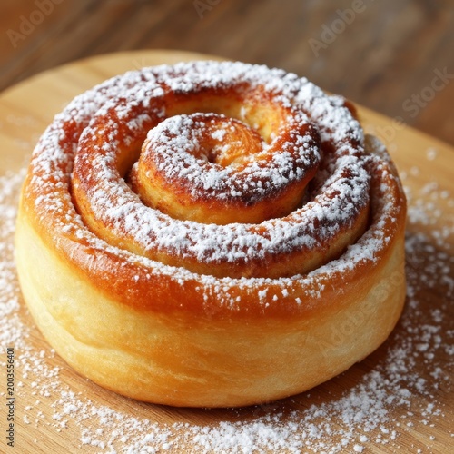 Freshly Baked Cinnamon Roll on Wooden Board With Powdered Sugar