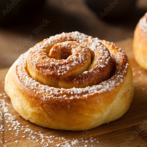 Freshly Baked Cinnamon Rolls With Powdered Sugar on a Wooden Cutting Board at...