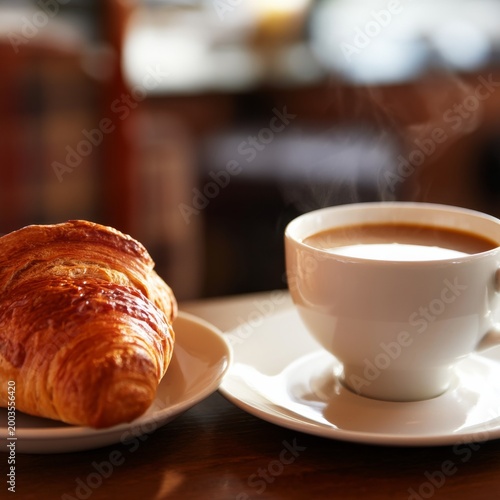 Warm Coffee and Croissant on a Table With Sunlight Shining in During Morning ...