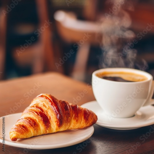 Enjoying Coffee and Croissant at a Cafe in the Morning