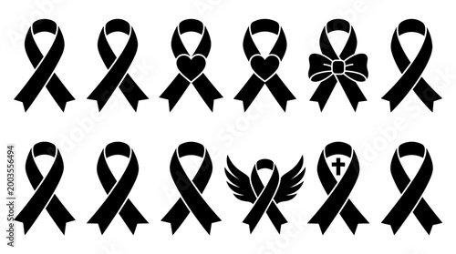 Collection of black vector mourning ribbons, symbols of remembrance, solidarity and respect, funeral.