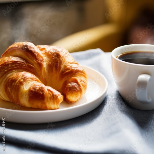 Fresh Croissant and Hot Coffee on a White Plate Near a Cozy Chair in the Morn...
