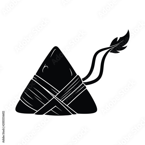 Black and white illustration of a wrapped triangular object with a quiver