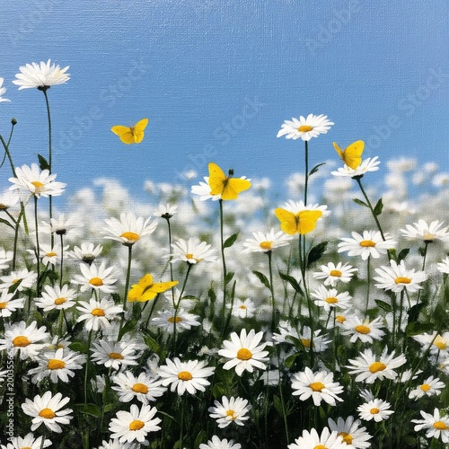 Bright Yellow Butterflies Fly Over White Daisies in a Sunny Field During Dayt...