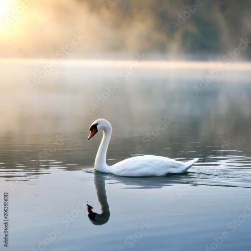 Swan Swims Across Calm Lake During Early Morning Light in Misty Environment