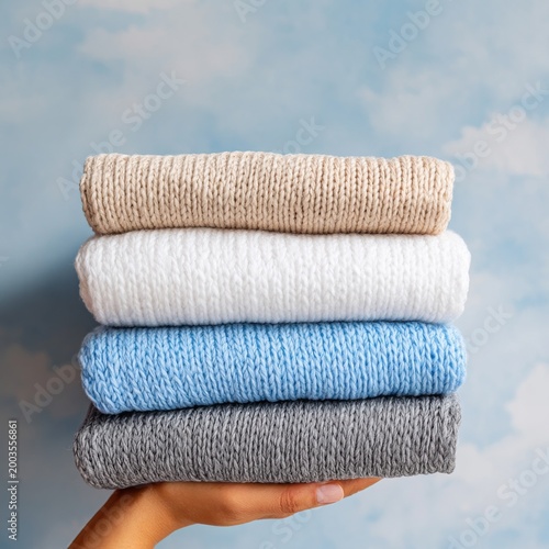Hand Holding Stacked Sweaters in Neutral Colors in a Bright Indoor Space