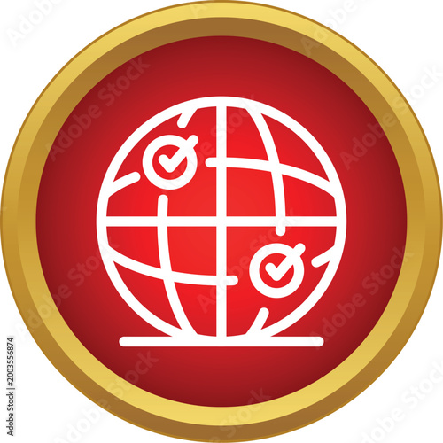 Globe icon with checkmarks in a red circle, symbolizing global validation and connection