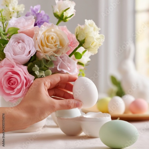 Colorful Eggs and Flowers on a Table During a Spring Celebration in a Bright ...