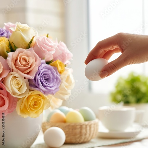 Hand Placing Egg Next to Flower Vase on Table During Spring Season Indoors