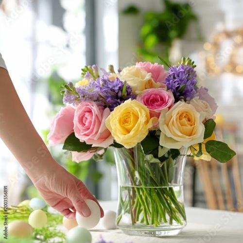 Hand Placing Egg Next to Flower Vase on Table During Spring Season Indoors
