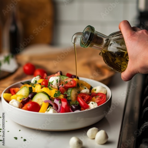 Fresh Salad Preparation With Vegetables and Olive Oil in a Kitchen