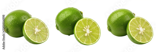 Set and collection of whole and sliced fresh green lime isolated on white transparent png background