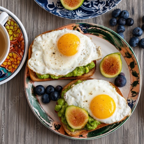 Bright Morning Meal With Avocado Toast, Eggs, Figs, and Coffee on Wooden Table