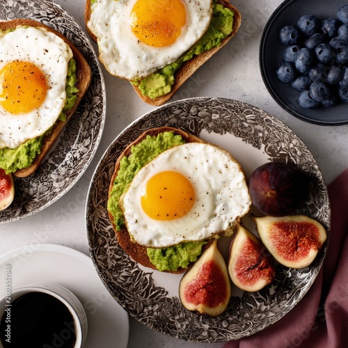 Bright Morning Meal With Avocado Toast, Eggs, Figs, and Coffee on Wooden Table