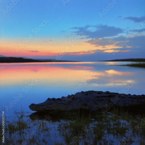 Crocodile Resting Near Water During Sunset in a Natural Habitat in the Evening