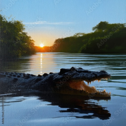 Crocodile Resting Near the Water as the Sun Sets Over the River Landscape