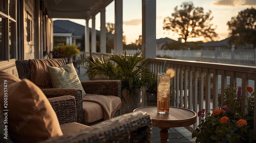 Fototapeta premium A comfortable porch with cozy furniture and a refreshing drink on the table