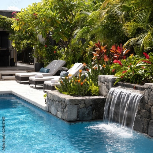 Relaxation Spot With Lounge Chairs and Waterfall in a Tropical Garden