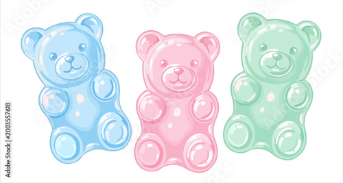 Colorful pastel soft gummy bears. Jelly bear fruit gummies. Blue, pink and mint candies. Vector isolated illustration