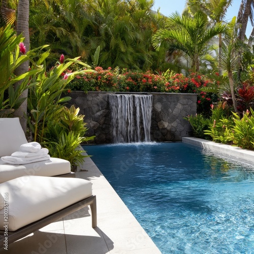 Relaxation by the Pool Area With Loungers and Waterfall Surrounded by Tropica...