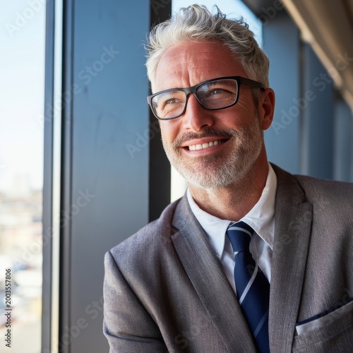 Businessman Standing by Window Smiling in an Office Building During Daytime