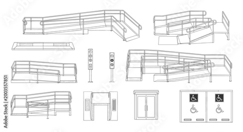 Detailed architectural drawings of a wheelchair accessible ramp and entrance with various views and signs, Generative AI.