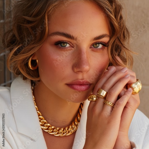 Close up of a Woman Wearing a White Blazer and Gold Jewelry While Outside Dur...