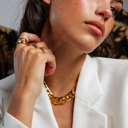 Model Wearing Gold Jewelry Posing in a Stylish Outfit in a Studio Setting Dur...