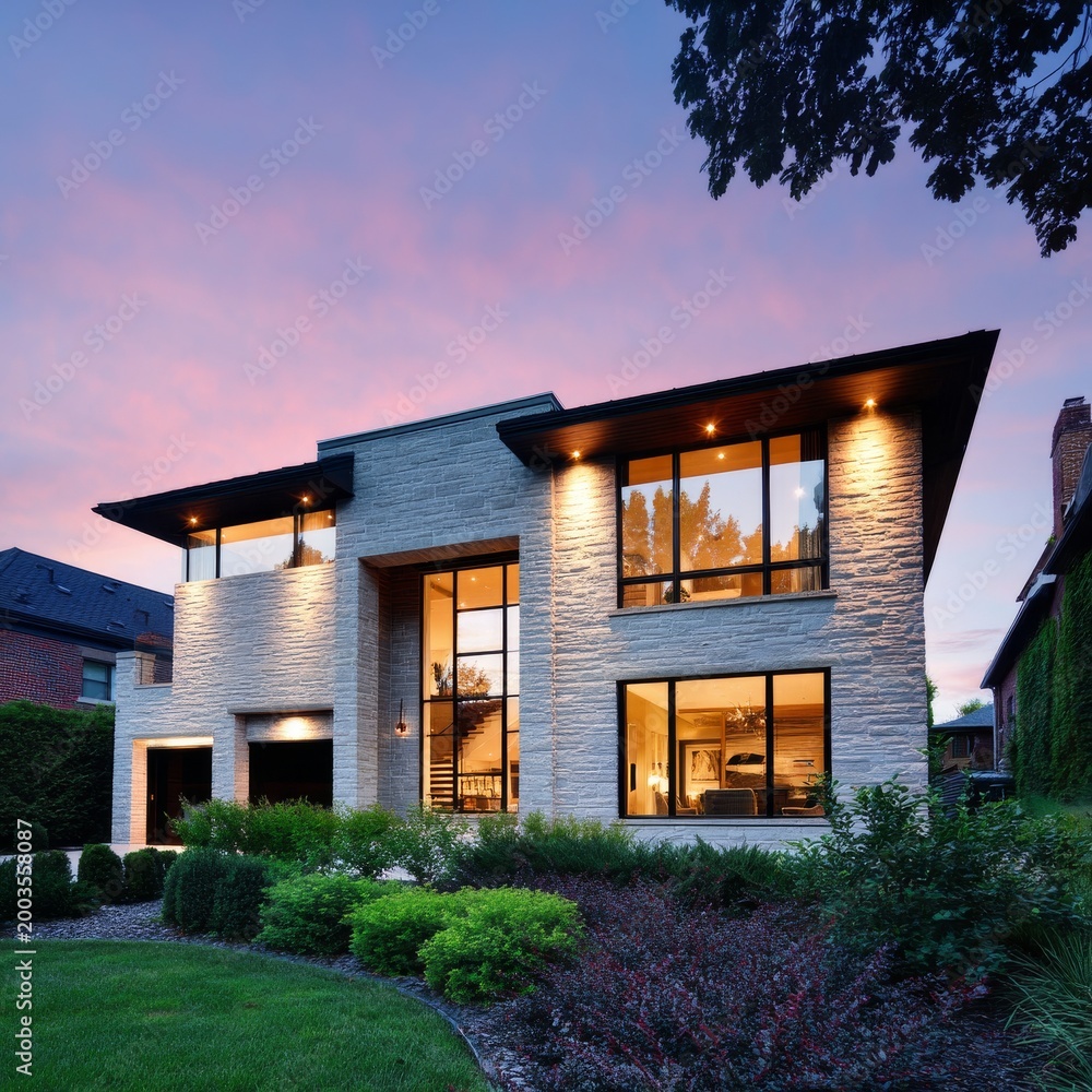 Fototapeta premium Modern House Design With Large Windows at Twilight Near the Green Lawn in a Residential Area