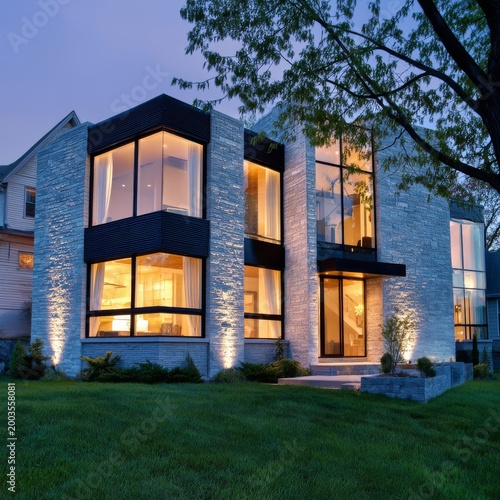 Modern House Design With Large Windows at Twilight Near the Green Lawn in a R...