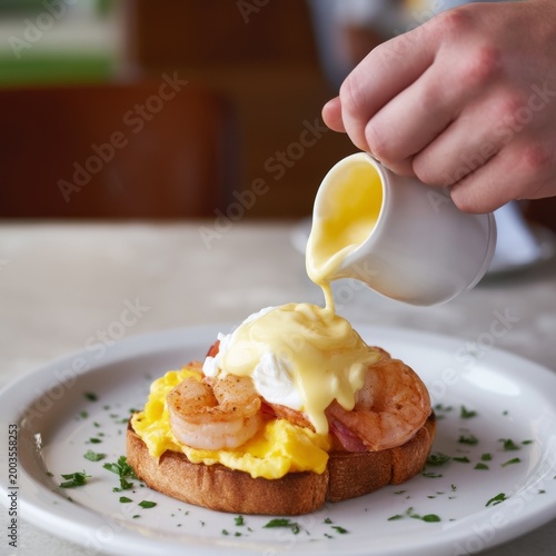 Enjoying Brunch With Eggs Benedict and Hollandaise Sauce at a Restaurant in a...