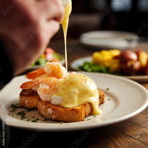 Shrimp Being Served With Hollandaise Sauce on Toast at a Restaurant During Br...