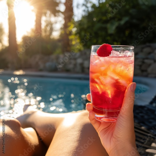 Enjoying a Drink by the Pool as the Sun Sets Over the Water in a Backyard Set...