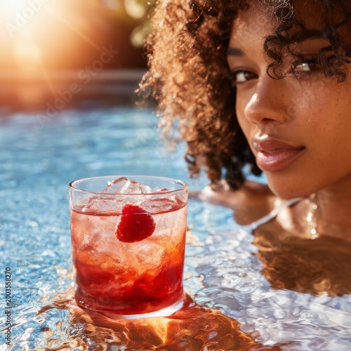 Woman Enjoys a Drink in the Pool During Sunset at a Warm Location With Sunlig...