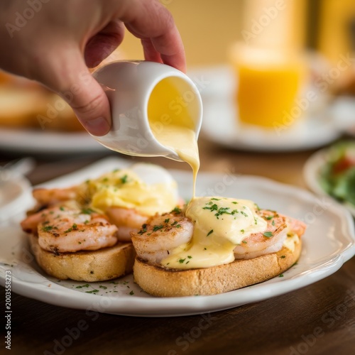 Shrimp Being Served With Hollandaise Sauce on Toast at a Restaurant During Br...