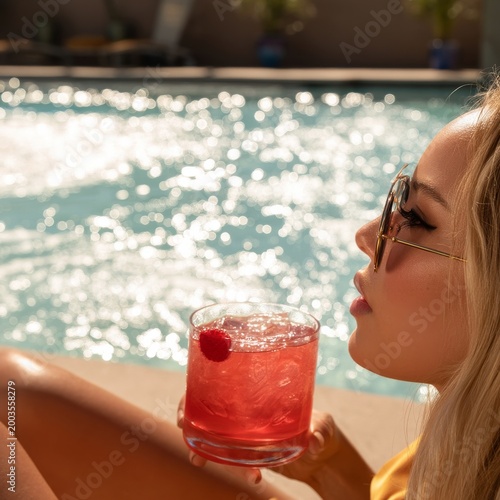 Woman Enjoys a Drink in the Pool During Sunset at a Warm Location With Sunlig...