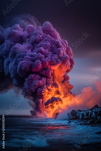 A dramatic scene of a volcanic eruption, with a large plume of smoke rising from the ocean at twilight. The sky is a mix of deep blues and purples.