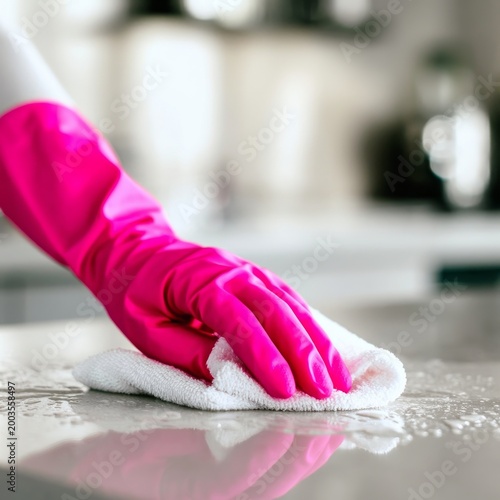 Cleaning a Surface With a Cloth and Wearing Pink Gloves in a Kitchen Space Du...