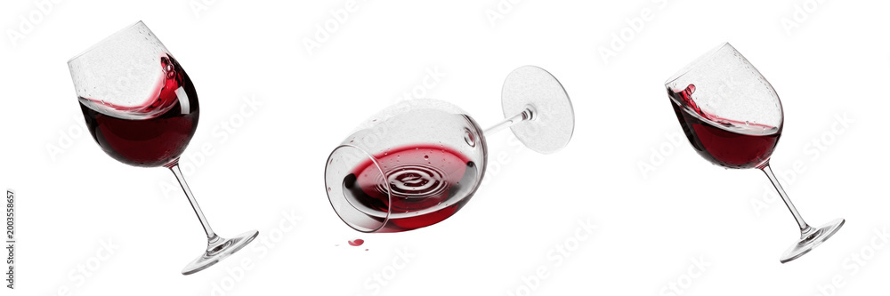 Fototapeta premium Set and collection of red wine glass spilled or tilted isolated on white transparent png background