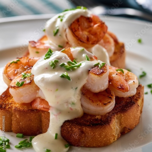 Shrimp Served on Toasted Bread With Sauce and Herbs in a Dining Setting