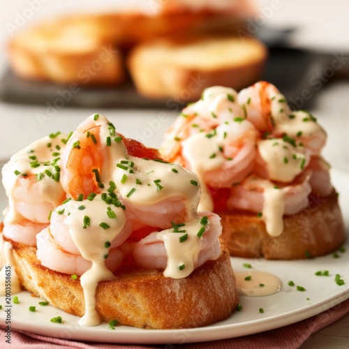 Shrimp Toast Served on a White Plate With Sauce and Chives at a Dining Table