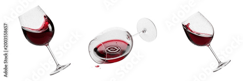 Set and collection of red wine glass spilled or tilted isolated on white transparent png background