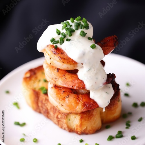 Shrimp Toast Served on a White Plate With Sauce and Chives at a Dining Table