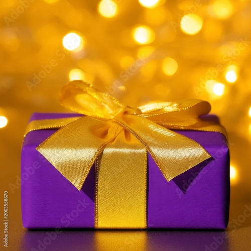 Bright Purple Gift Box With Yellow Ribbon Against a Golden Light Background D...
